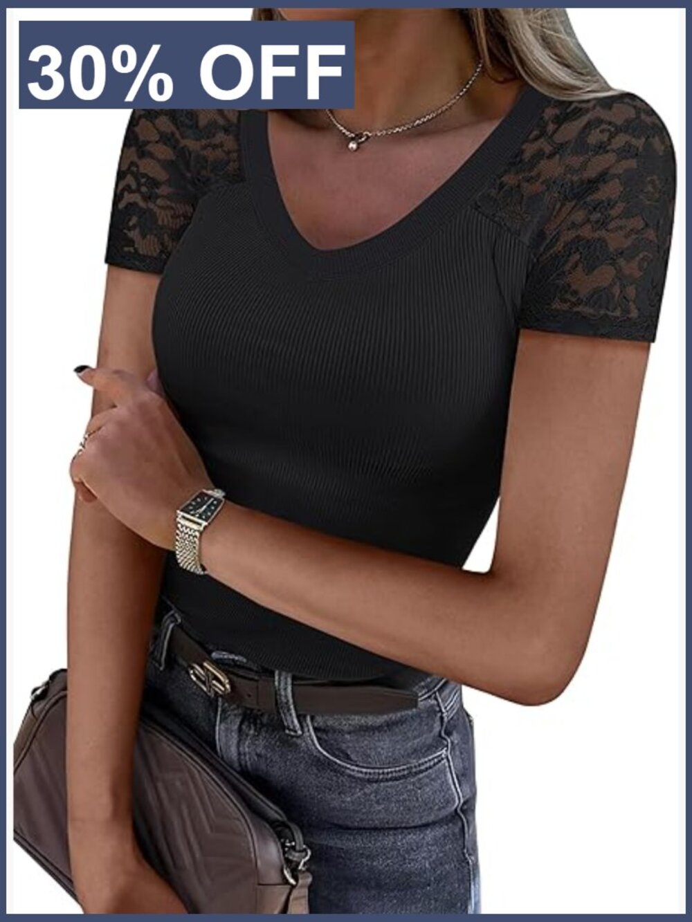 Slim Fit V Neck Lace Short Sleeve Ribbed Knit Tee Top
